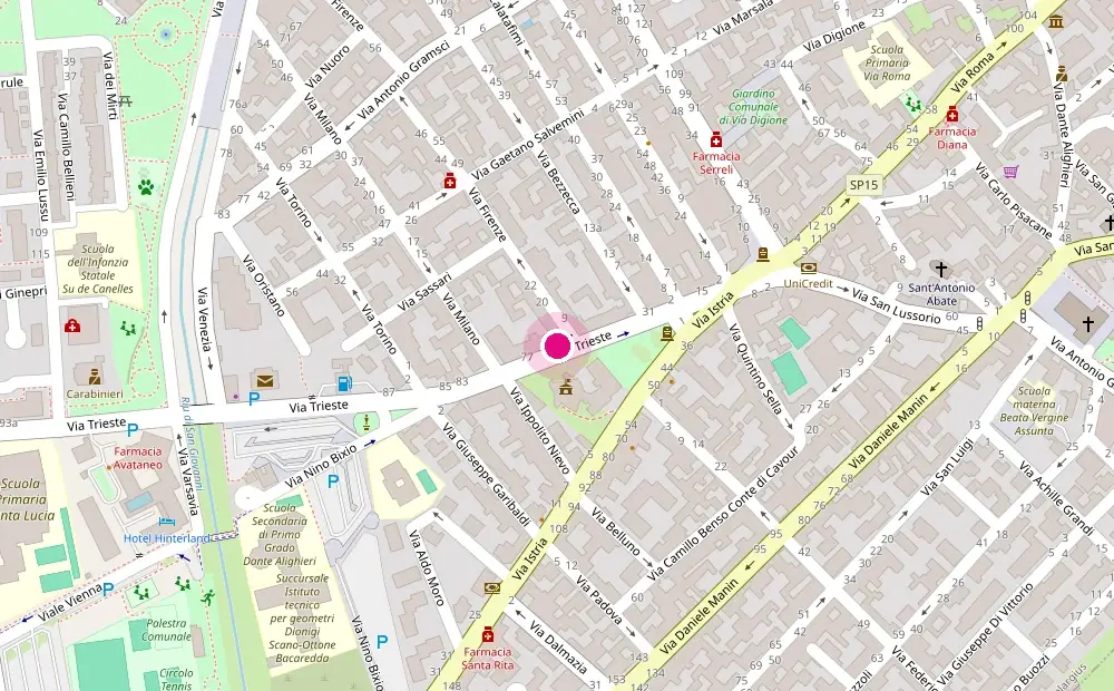 Mappa di Selargius con il negozio segnato in Via Trieste, all'angolo con Via Firenze